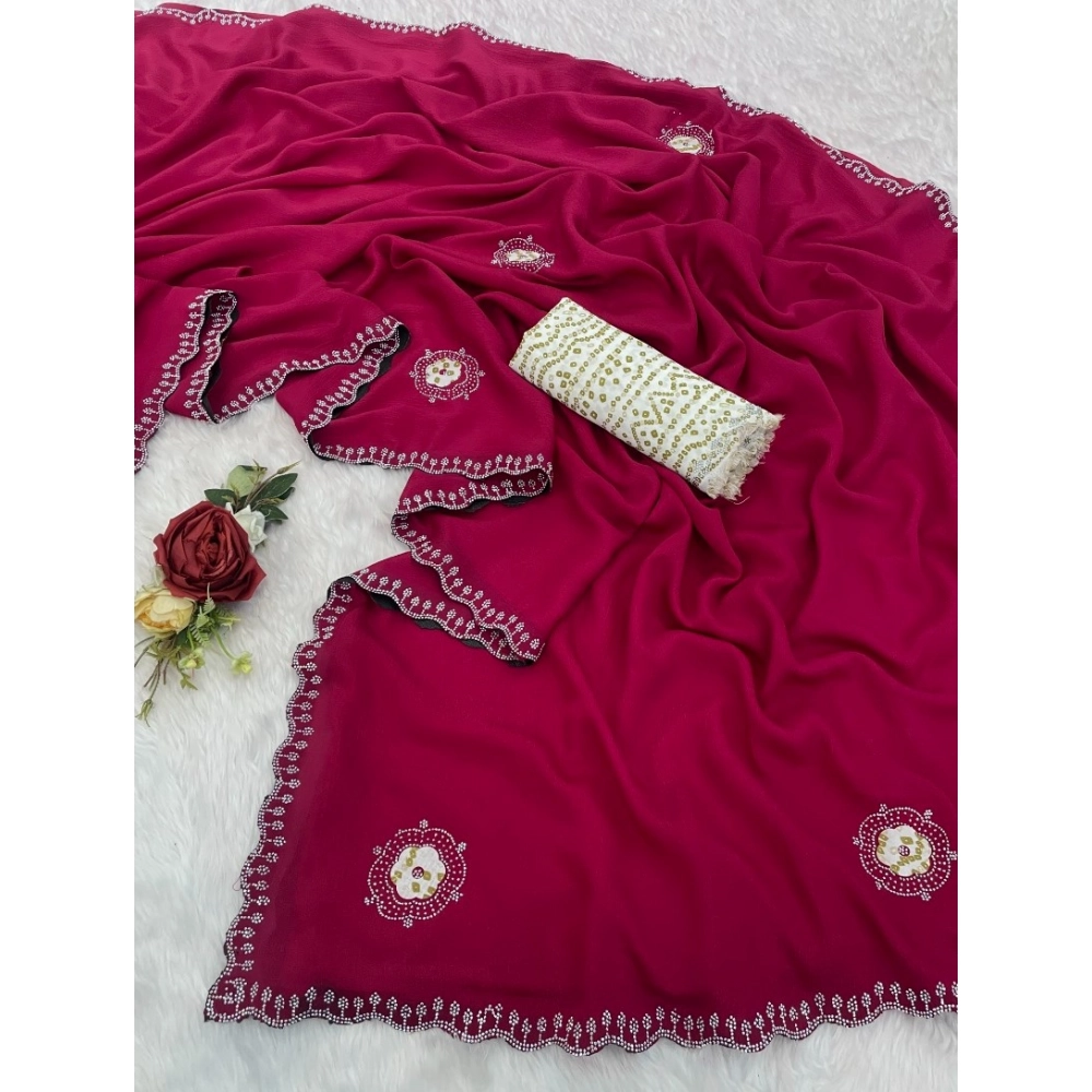 Women's Chiffon Butti Dotted Saree With Unstitched Blouse 5.5Mtr (Pink) - Image 2