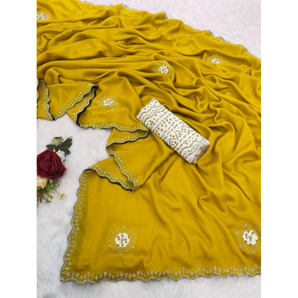Women's Chiffon Butti Dotted Saree With Unstitched Blouse 5.5Mtr (Yellow) - Image 2
