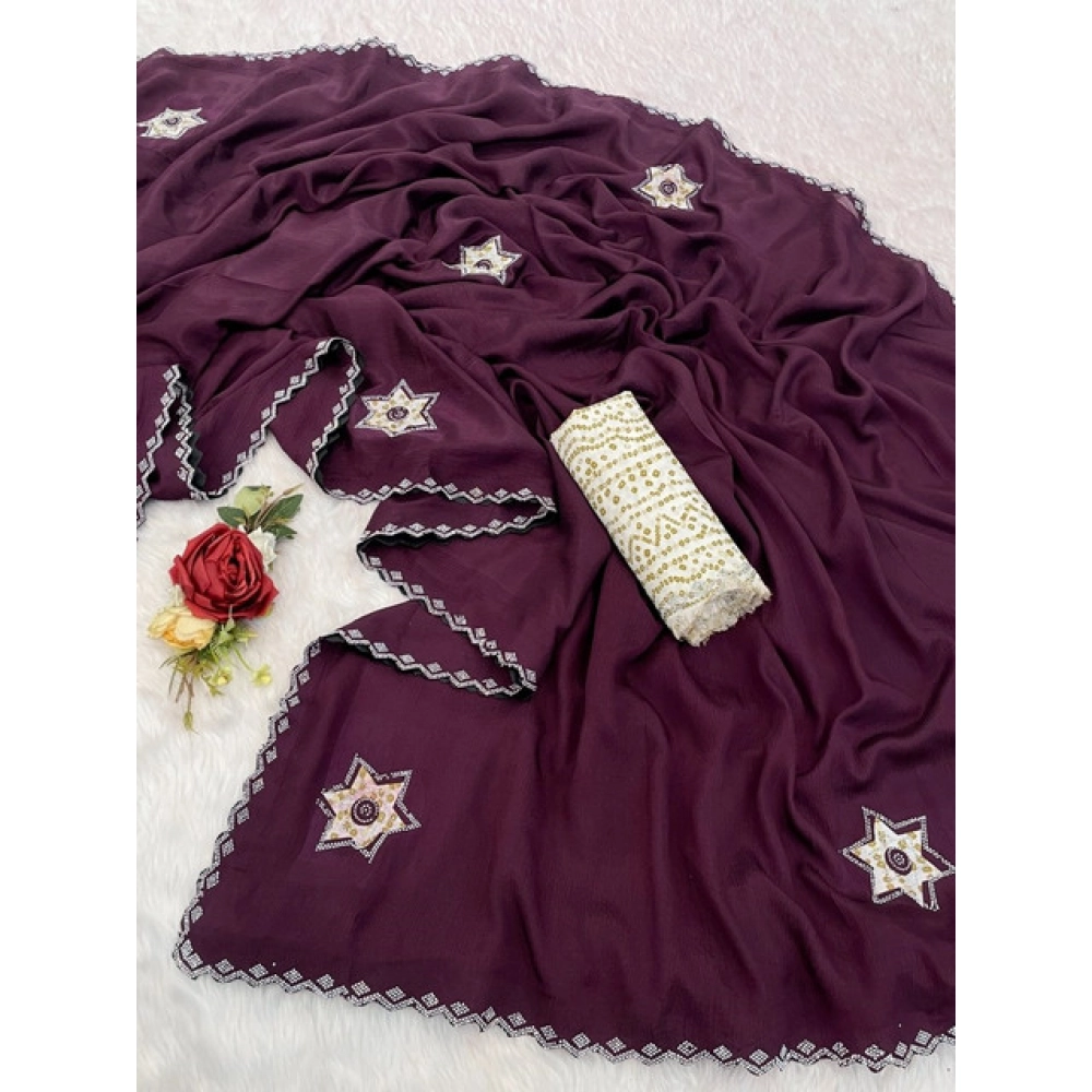 Women's Chiffon Butti Dotted Saree With Unstitched Blouse 5.5Mtr (Wine) - Image 2