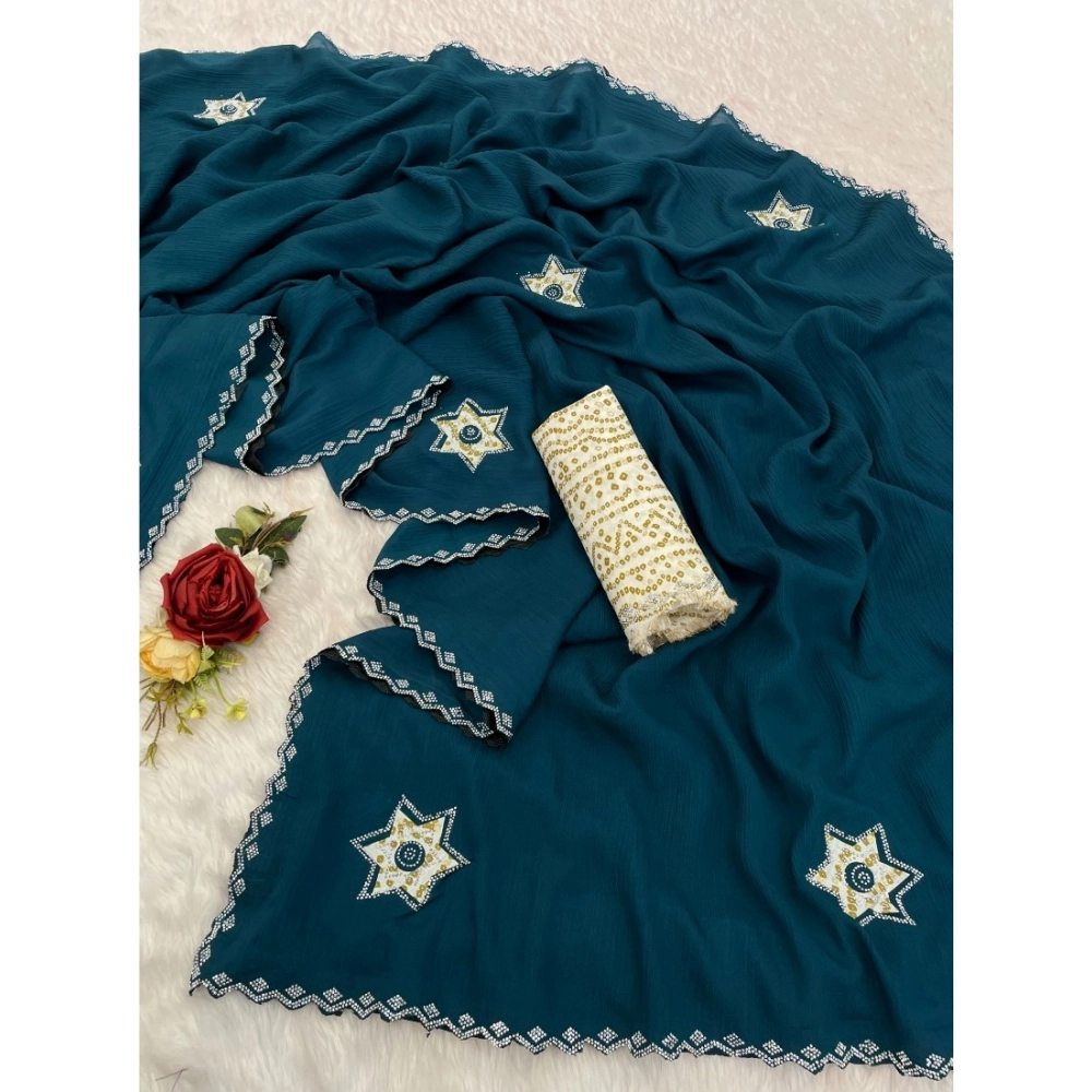 Women's Chiffon Butti Dotted Saree With Unstitched Blouse 5.5Mtr (Blue) - Image 2