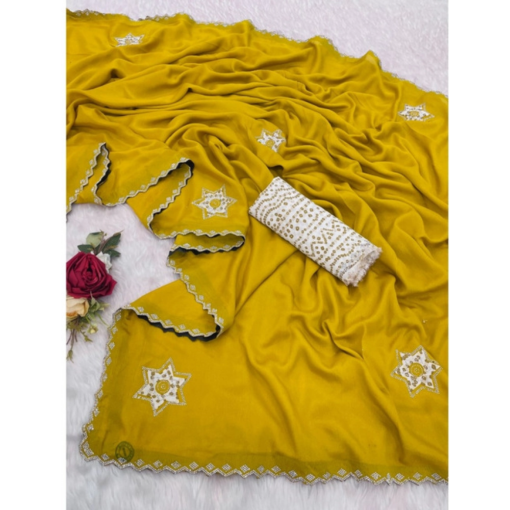 Women's Chiffon Butti Dotted Saree With Unstitched Blouse 5.5Mtr (Yellow) - Image 2
