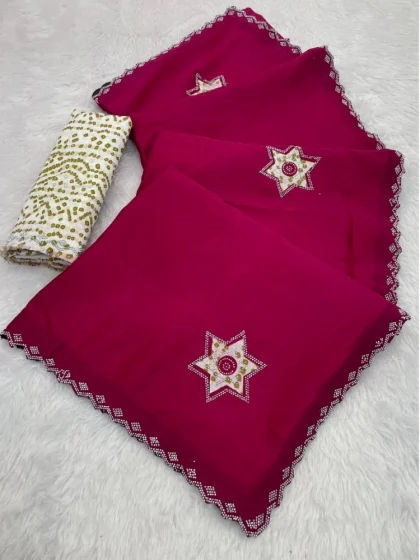 Women's Chiffon Butti Dotted Saree With Unstitched Blouse 5.5Mtr (Pink)