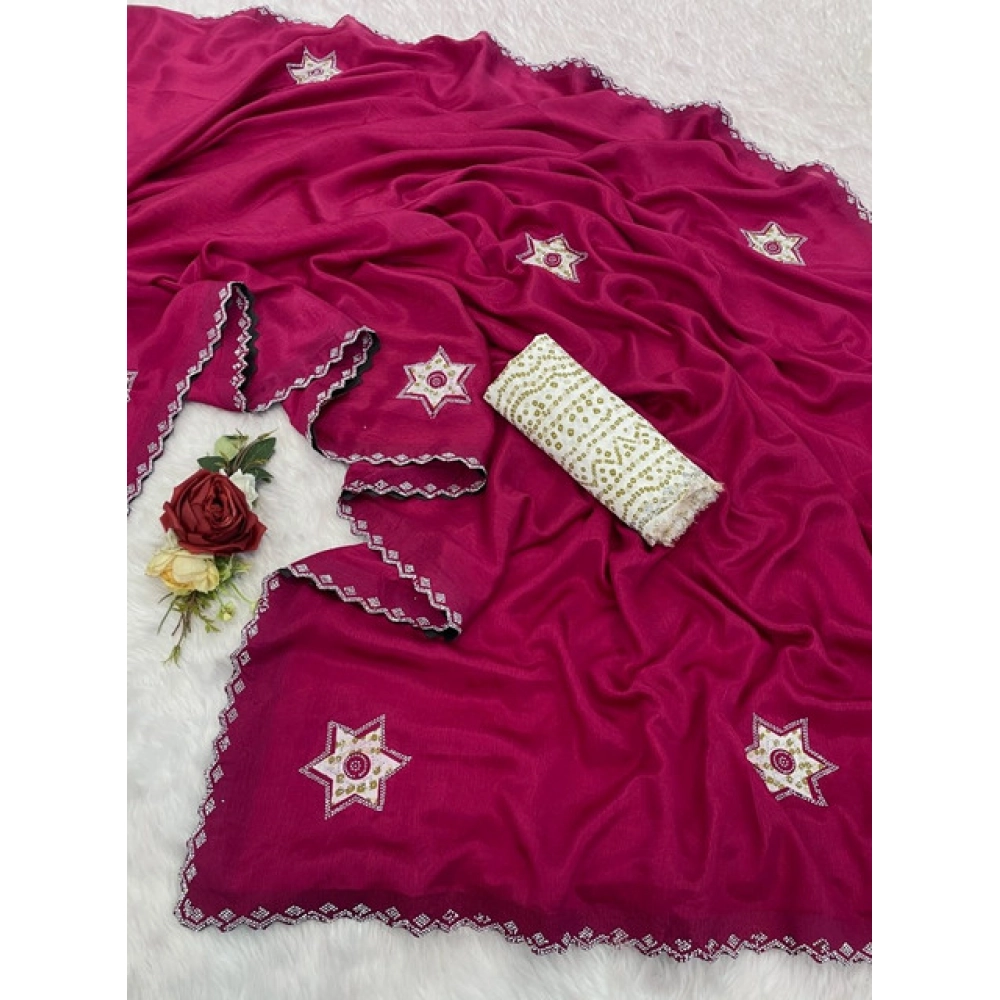 Women's Chiffon Butti Dotted Saree With Unstitched Blouse 5.5Mtr (Pink) - Image 2