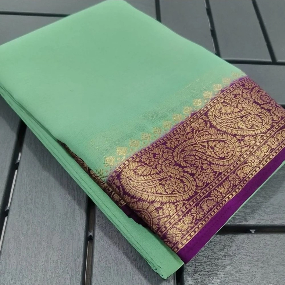 Women's Crepe Chit Pallu Solid Saree With Unstitched Blouse 5.5Mtr?(Light Green)