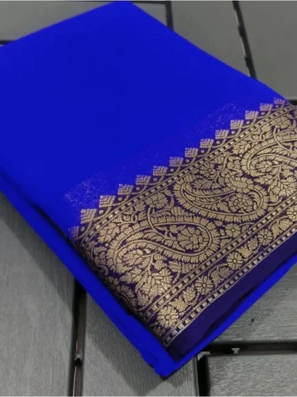 Women's Crepe Chit Pallu Solid Saree With Unstitched Blouse 5.5Mtr?(Navy Blue)