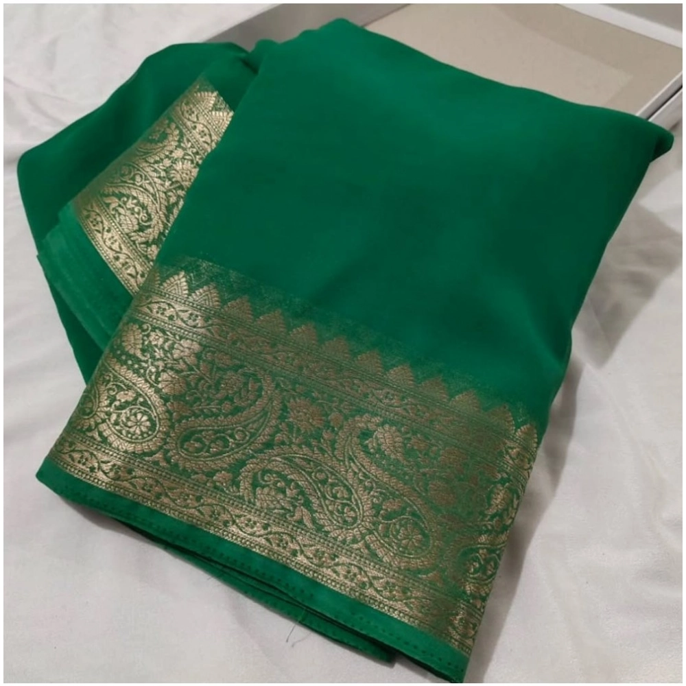 Women's Crepe Chit Pallu Solid Saree With Unstitched Blouse 5.5Mtr?(Green)