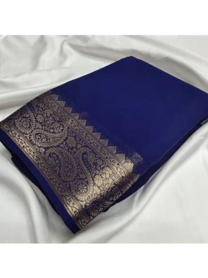 Women's Crepe Chit Pallu Solid Saree With Unstitched Blouse 5.5Mtr?(Blue)