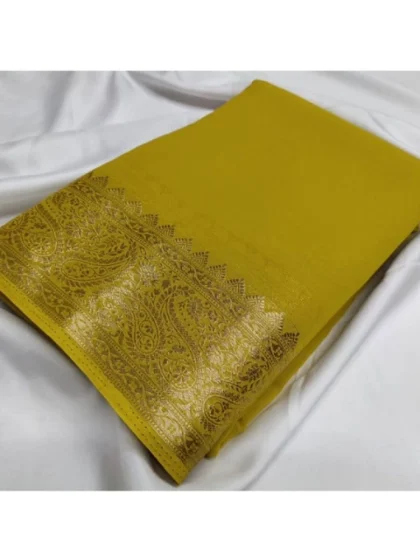 Women's Crepe Chit Pallu Solid Saree With Unstitched Blouse 5.5Mtr?(Mustard Yellow)