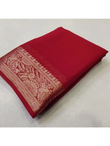 Women's Crepe Chit Pallu Solid Saree With Unstitched Blouse 5.5Mtr?(Red)