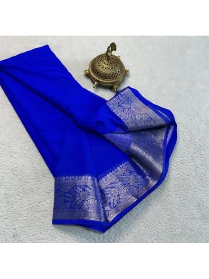 Women's Crepe Chit Pallu Solid Saree With Unstitched Blouse 5.5Mtr?(Navy Blue)