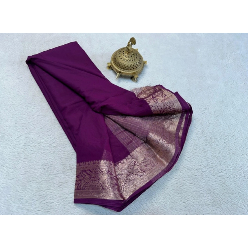 Women's Crepe Chit Pallu Solid Saree With Unstitched Blouse 5.5Mtr?(Purple) - Image 2
