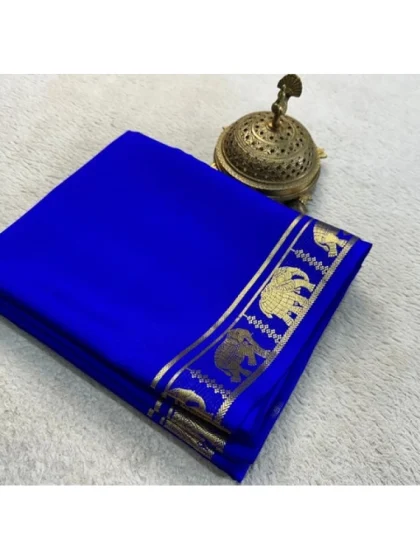 Women's Crepe Chit Pallu Solid Saree With Unstitched Blouse 5.5Mtr?(Navy Blue)