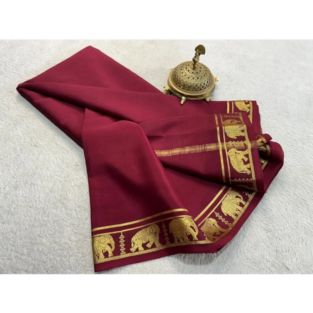 Women's Crepe Chit Pallu Solid Saree With Unstitched Blouse 5.5Mtr?(Maroon) - Image 2