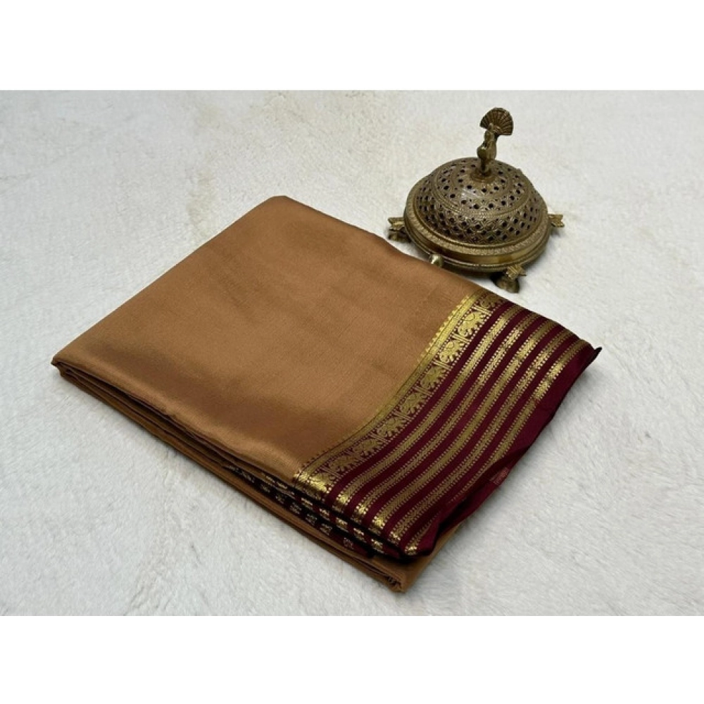Women's Crepe Chit Pallu Solid Saree With Unstitched Blouse 5.5Mtr?(Beige)