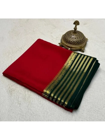 Women's Crepe Chit Pallu Solid Saree With Unstitched Blouse 5.5Mtr?(Red)