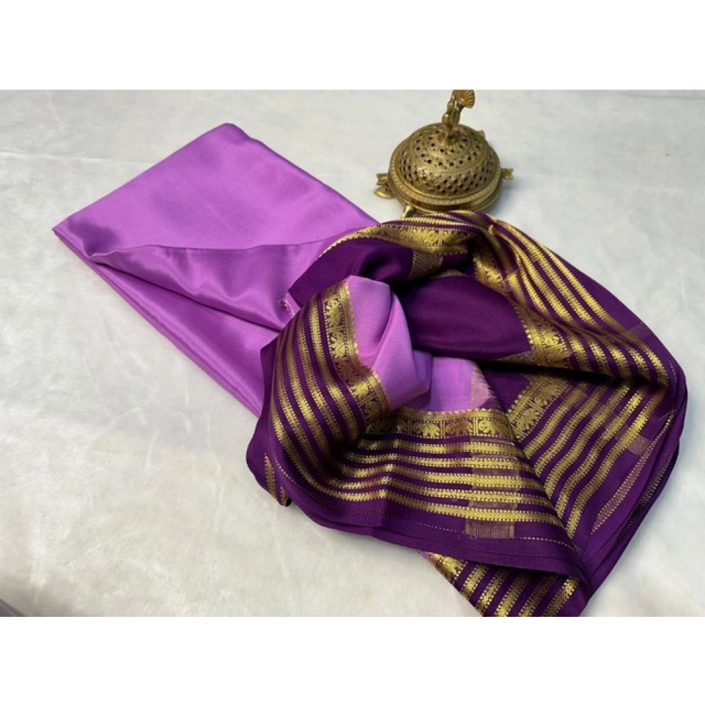 Women's Crepe Chit Pallu Solid Saree With Unstitched Blouse 5.5Mtr?(Dark Purple) - Image 2