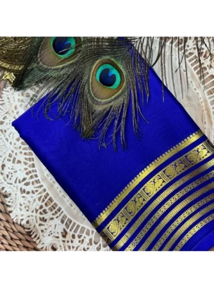 Women's Crepe Chit Pallu Solid Saree With Unstitched Blouse 5.5Mtr?(Blue)