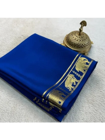 Women's Crepe Chit Pallu Solid Saree With Unstitched Blouse 5.5Mtr?(Navy Blue)
