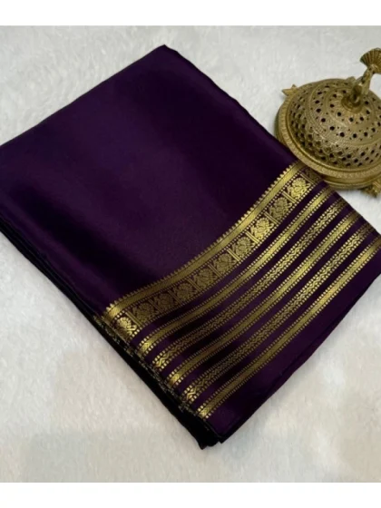 Women's Crepe Chit Pallu Solid Saree With Unstitched Blouse 5.5Mtr?(Dark Purple)