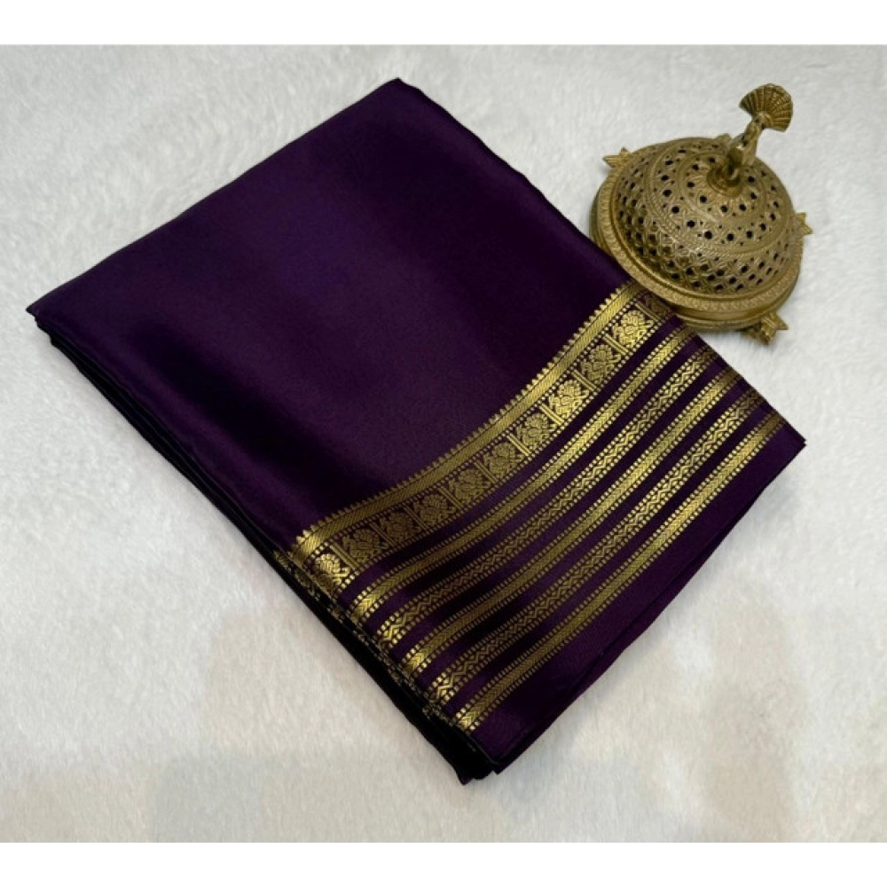 Women's Crepe Chit Pallu Solid Saree With Unstitched Blouse 5.5Mtr?(Dark Purple)