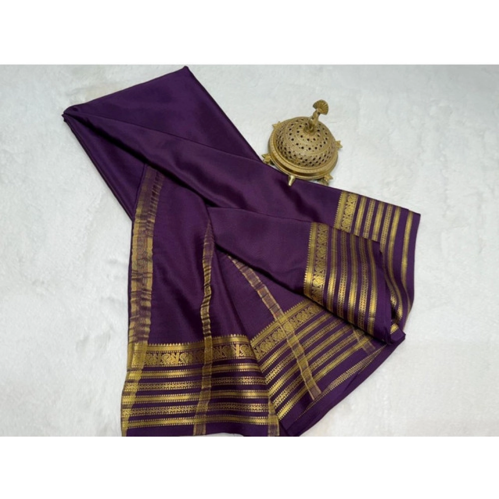 Women's Crepe Chit Pallu Solid Saree With Unstitched Blouse 5.5Mtr?(Dark Purple) - Image 2