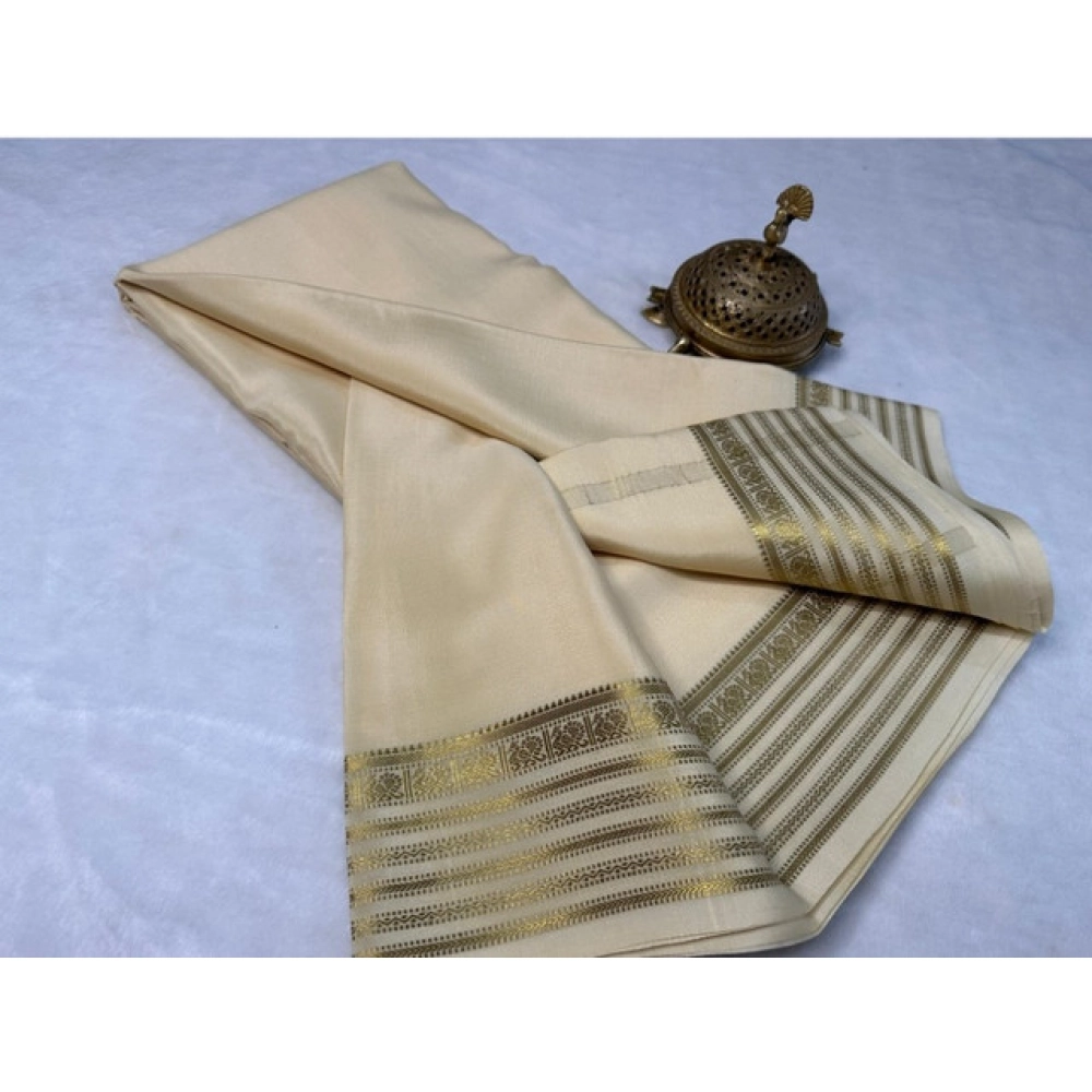 Women's Crepe Chit Pallu Solid Saree With Unstitched Blouse 5.5Mtr?(Beige) - Image 2