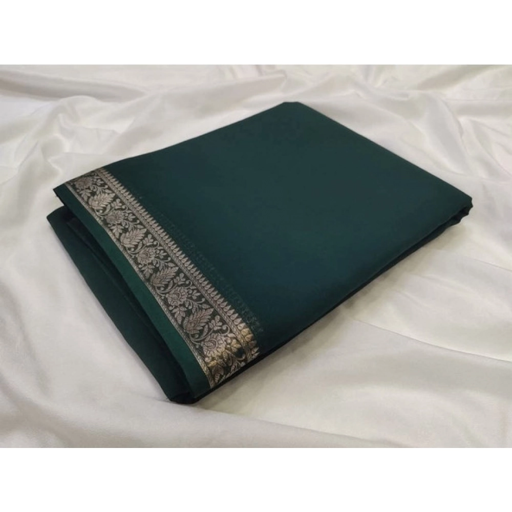 Women's Crepe Chit Pallu Solid Saree With Unstitched Blouse 5.5Mtr?(Bottle Green)
