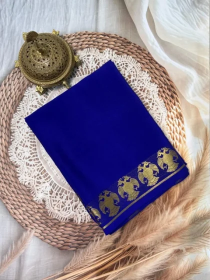 Women's Crepe Chit Pallu Solid Saree With Unstitched Blouse 5.5Mtr?(Navy Blue)