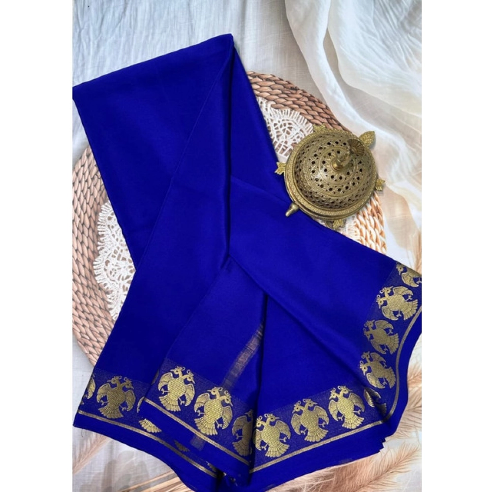 Women's Crepe Chit Pallu Solid Saree With Unstitched Blouse 5.5Mtr?(Navy Blue) - Image 2