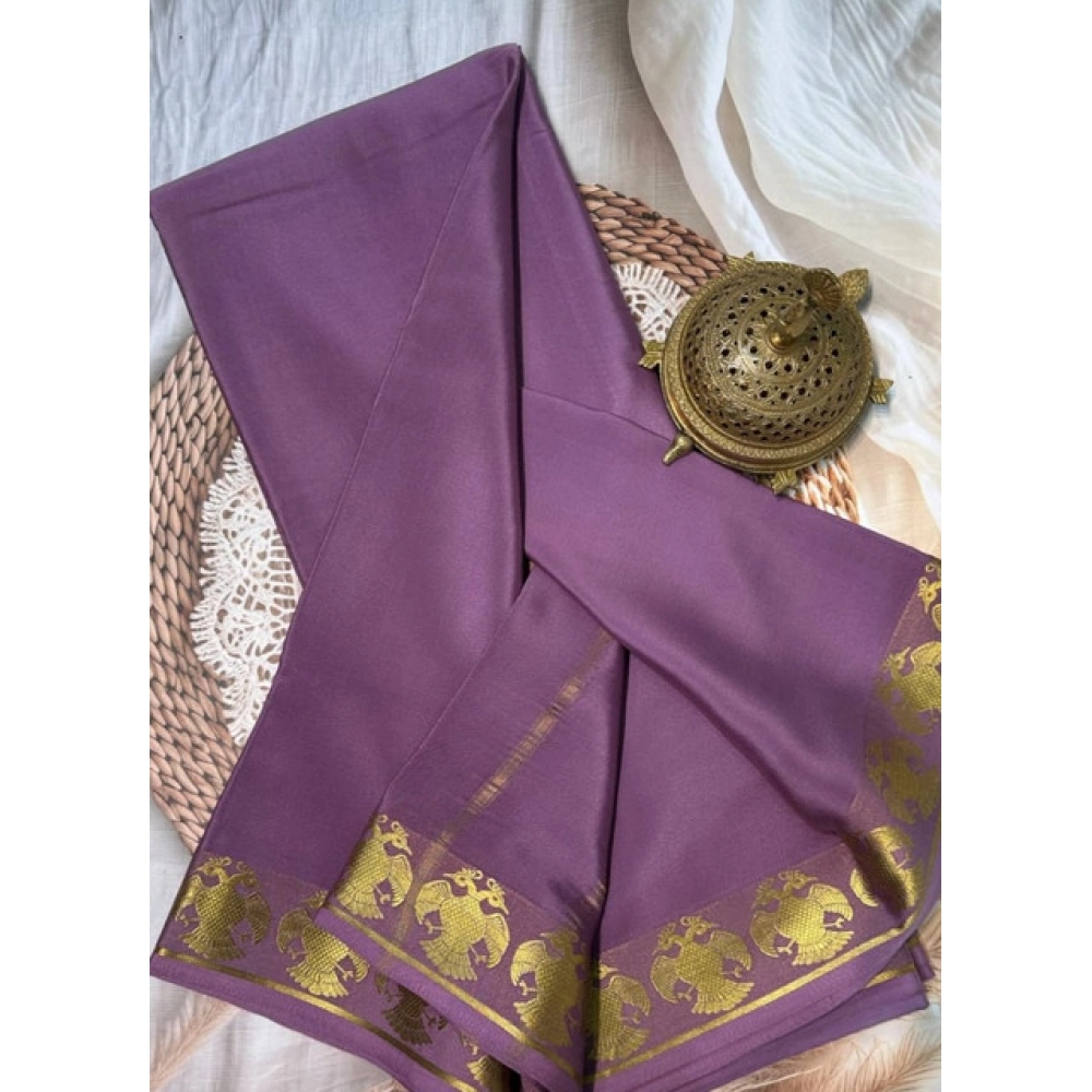 Women's Crepe Chit Pallu Solid Saree With Unstitched Blouse 5.5Mtr?(Lavender) - Image 2