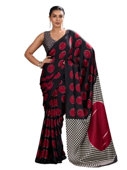 Women's Satin Crepe Printed Saree With Unstitched Blouse 5.5Mtr (Maroon)