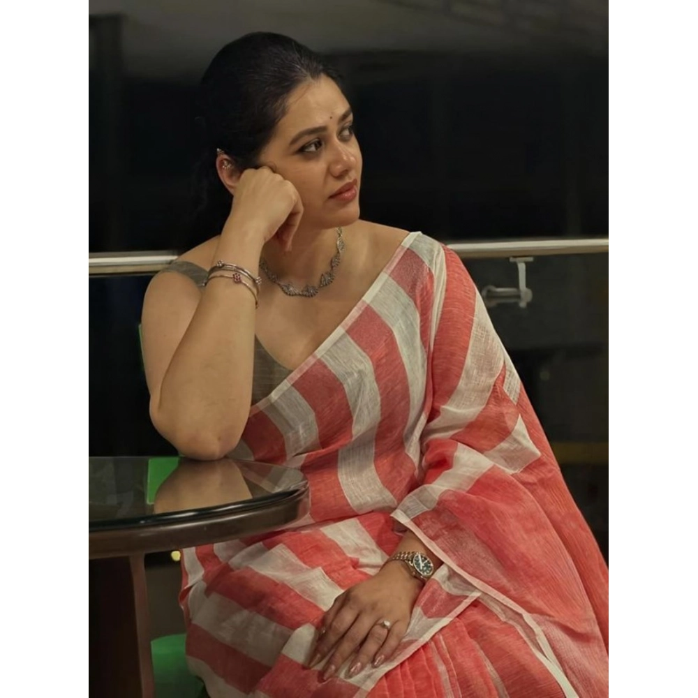 Women's Linen Printed Saree With Unstitched Blouse 5.5Mtr?(Multicolor) - Image 2