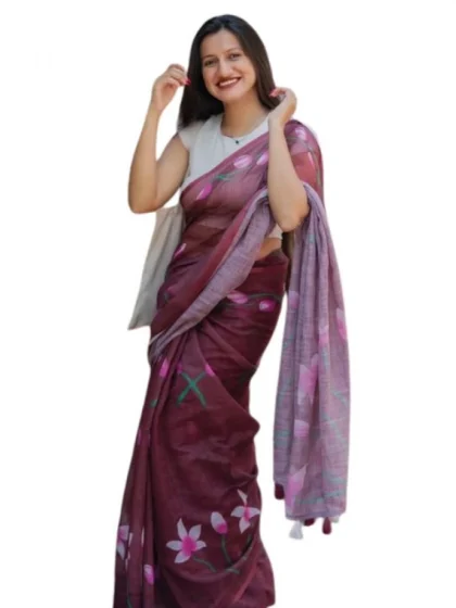 Women's Linen Printed Saree With Unstitched Blouse 5.5Mtr?(Brown)