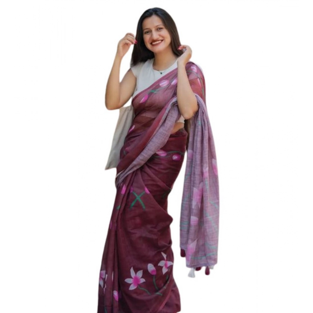 Women's Linen Printed Saree With Unstitched Blouse 5.5Mtr?(Brown)