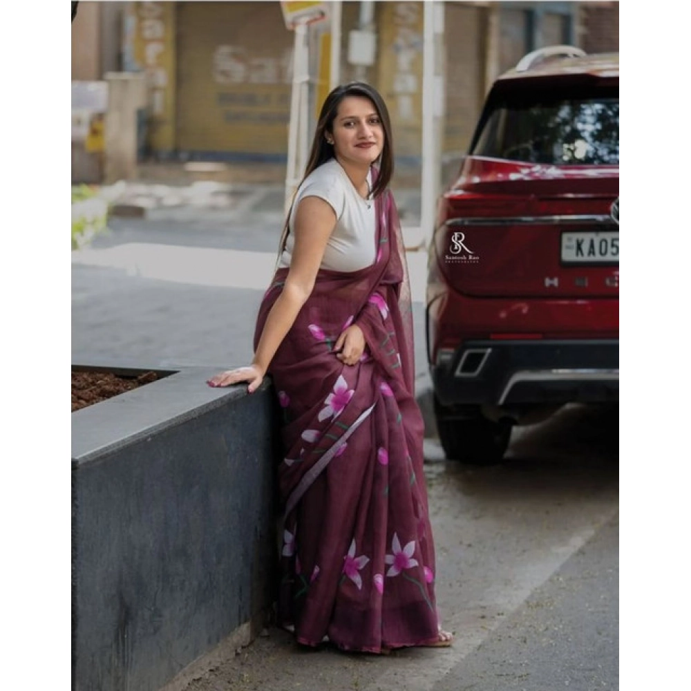 Women's Linen Printed Saree With Unstitched Blouse 5.5Mtr?(Brown) - Image 2
