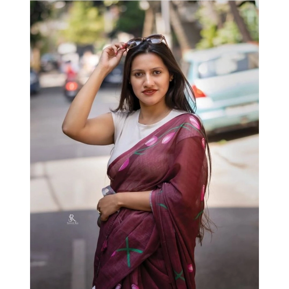 Women's Linen Printed Saree With Unstitched Blouse 5.5Mtr?(Brown) - Image 3