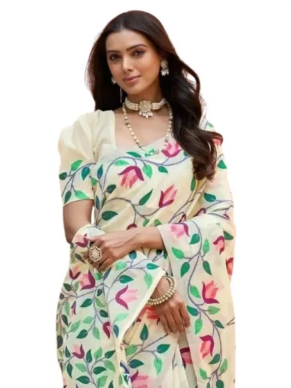 Women's Georgette Printed Saree With Unstitched Blouse 5.5Mtr?(Cream)