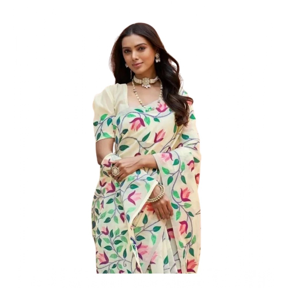 Women's Georgette Printed Saree With Unstitched Blouse 5.5Mtr?(Cream) - Image 2