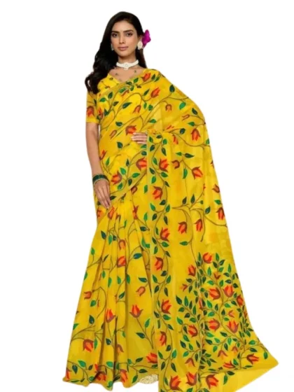 Women's Georgette Printed Saree With Unstitched Blouse 5.5Mtr?(Yellow)