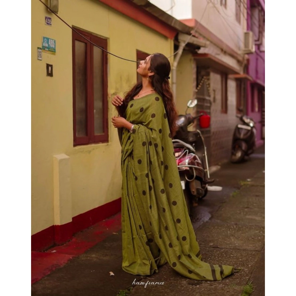 Women's Linen Printed Saree With Unstitched Blouse 5.5Mtr?(Green) - Image 2