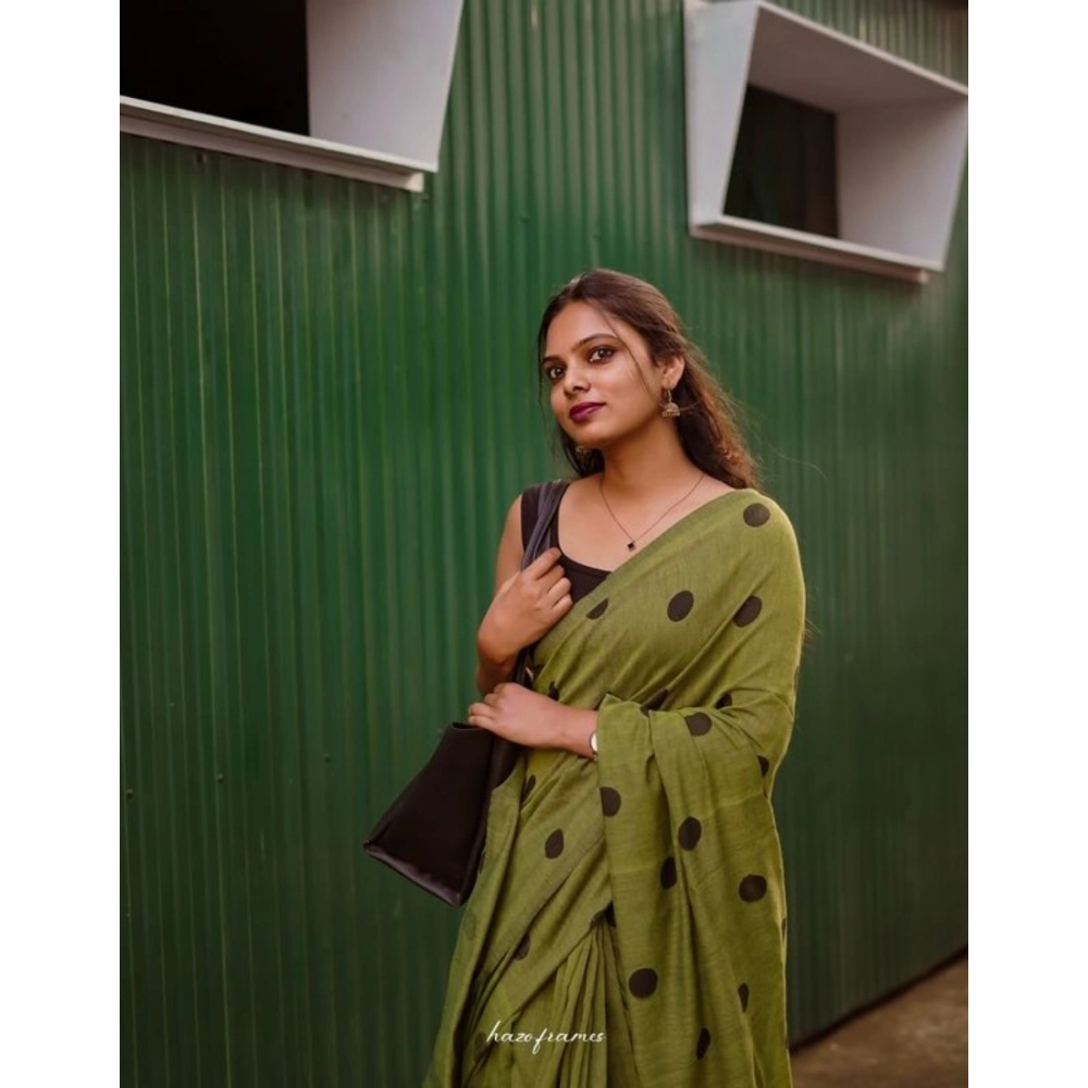 Women's Linen Printed Saree With Unstitched Blouse 5.5Mtr?(Green) - Image 3