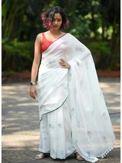 Women's Linen Printed Saree With Unstitched Blouse 5.5Mtr?(White)