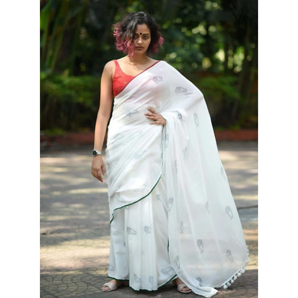 Women's Linen Printed Saree With Unstitched Blouse 5.5Mtr?(White)