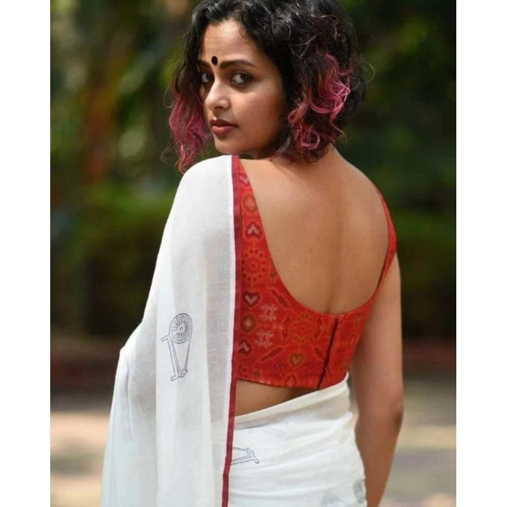 Women's Linen Printed Saree With Unstitched Blouse 5.5Mtr?(White) - Image 2