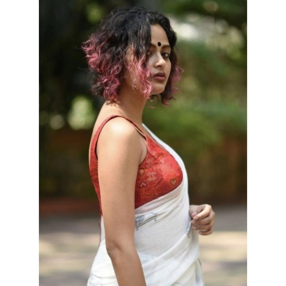 Women's Linen Printed Saree With Unstitched Blouse 5.5Mtr?(White) - Image 3