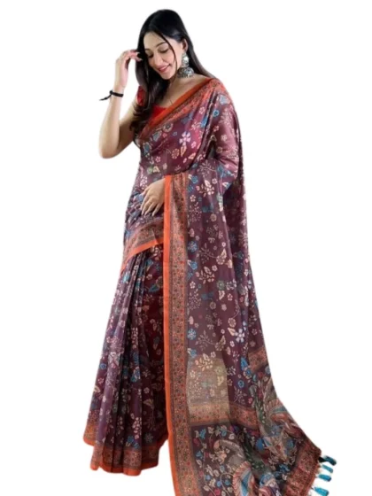 Women's Linen Printed Saree With Unstitched Blouse 5.5Mtr?(Brown)