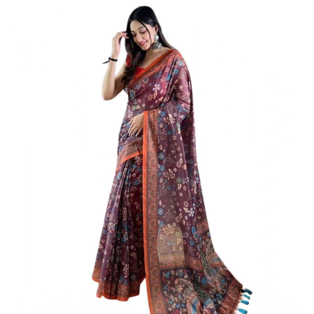Women's Linen Printed Saree With Unstitched Blouse 5.5Mtr?(Brown)