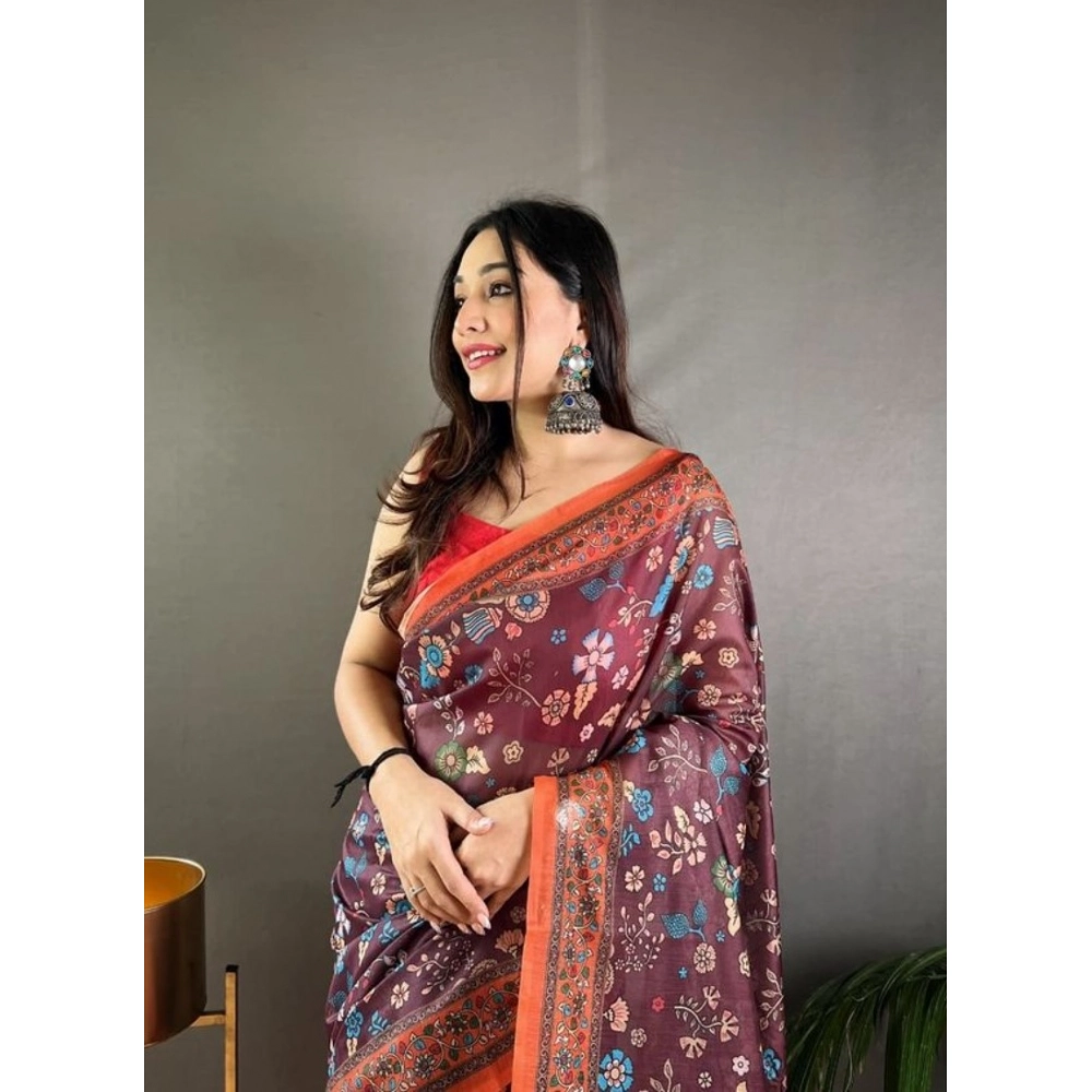 Women's Linen Printed Saree With Unstitched Blouse 5.5Mtr?(Brown) - Image 2