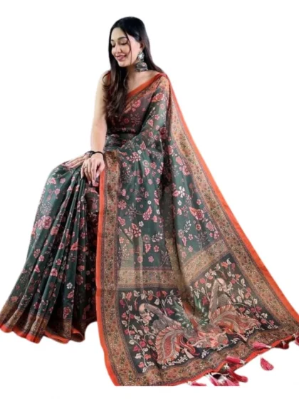 Women's Linen Printed Saree With Unstitched Blouse 5.5Mtr?(Green)