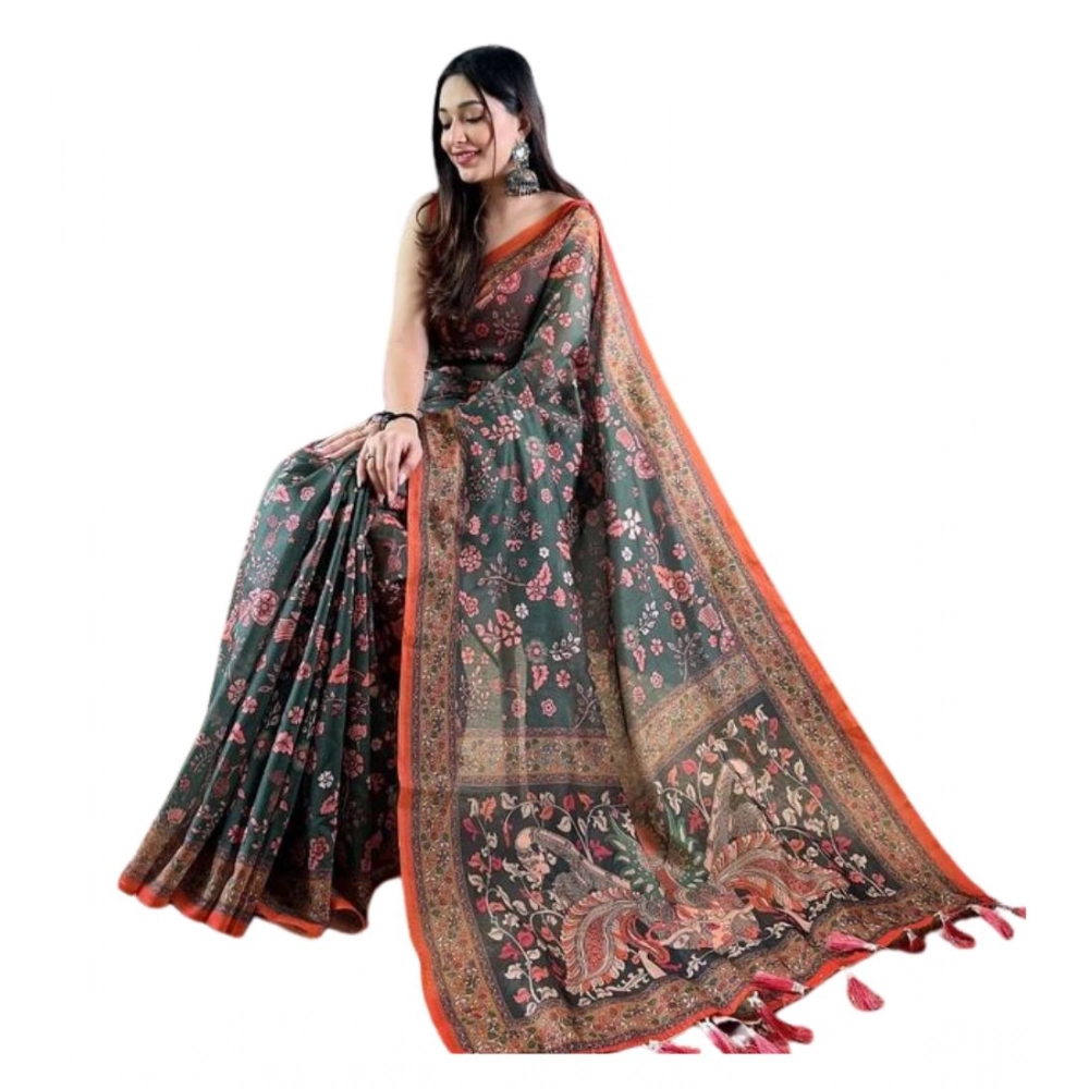 Women's Linen Printed Saree With Unstitched Blouse 5.5Mtr?(Green)